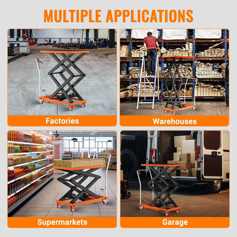GarveeTech 770 Lbs Capacity Hydraulic Lift Table Cart With Non-Slip Pad in factories, warehouses, supermarkets, and garage settings.