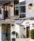 Outdoor Motion Sensor Porch Light With Dual GFCI Outlets Dusk To Dawn Wall Light With 3 Lighting Modes shown on various building exteriors