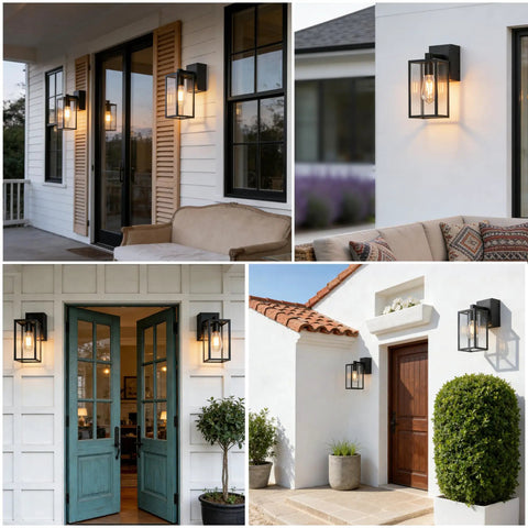 Outdoor Motion Sensor Porch Light With Dual GFCI Outlets Dusk To Dawn Wall Light With 3 Lighting Modes shown on various building exteriors