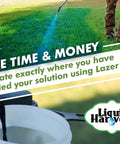 Liquid Harvest Lazer blue turf marker dye sprayed on a lawn from a wand; white bucket foreground; logo visible