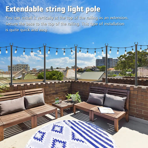 4 Ft Outdoor String Light Poles, 2 Pack, Freestanding Deck Patio Hanging Poles with fixing clips shown on patio terrace.