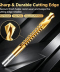 Six Piece Top Shelf Twist Drill Bit Set With Serrated Side Cutting Edges For Rapid No Hassle Chip Clearing And Slick Boring Through Wood Metal Plastic And Garage Projects, detailed view of cutting edge with titanium finish.