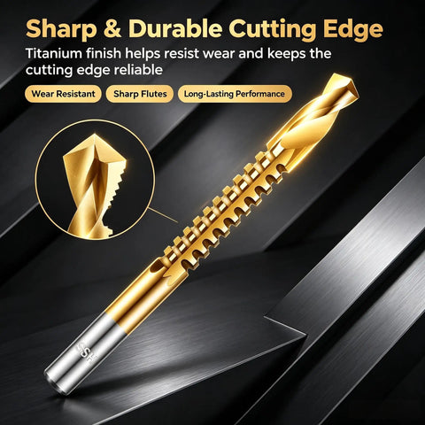 Six Piece Top Shelf Twist Drill Bit Set With Serrated Side Cutting Edges For Rapid No Hassle Chip Clearing And Slick Boring Through Wood Metal Plastic And Garage Projects, detailed view of cutting edge with titanium finish.