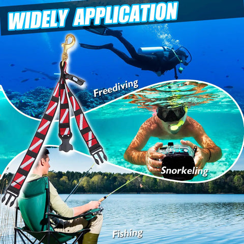 Diagram illustrating Scuba BC Fin Holder And Mask Clip For Hands Free Diving Gear with images of fishing, snorkeling, and freediving.