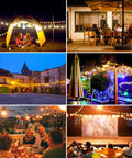 Collage showcasing 120ft Outdoor G40 LED Globe String Lights End-To-End Connectable With 60 Waterproof Shatterproof Bulbs in various settings