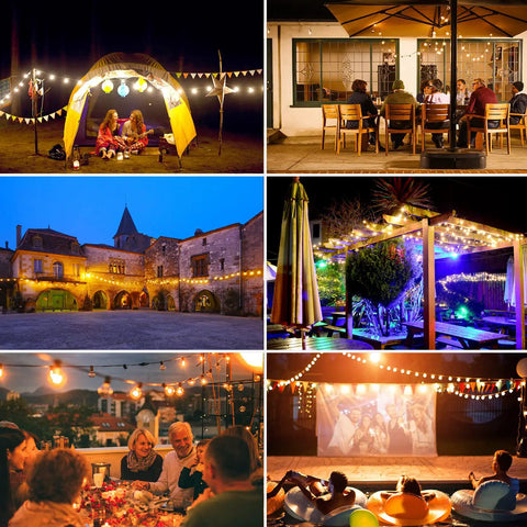 Collage showcasing 120ft Outdoor G40 LED Globe String Lights End-To-End Connectable With 60 Waterproof Shatterproof Bulbs in various settings