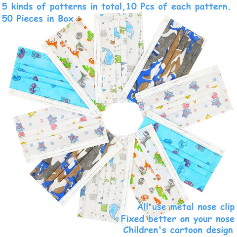 Kids Disposable Face Masks 50 Pack For Ages 5 To 12 3 Layer Filtration With Metal Nose Clip Multicolor arranged in a circle