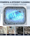 Deep cleaning in heavy duty 10 gallon ultrasonic cleaner, showing before and after results for glassware and auto parts.