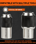 Two Piece Tap Socket Set With Three Eighths Inch Drive, Tight Space Friendly Tap Holder and Extraction Sockets shown with sizes