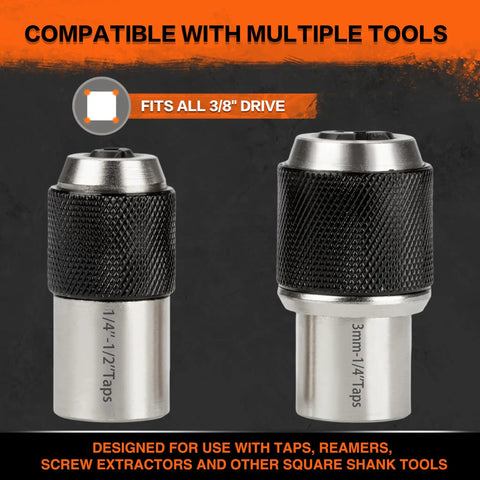 Two Piece Tap Socket Set With Three Eighths Inch Drive, Tight Space Friendly Tap Holder and Extraction Sockets shown with sizes