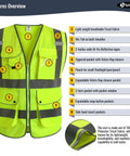Nine Pockets Class Two High Visibility Zipper Front Safety Vest With Reflective Strips Neon Yellow Meets ANSI ISEA Standard Large