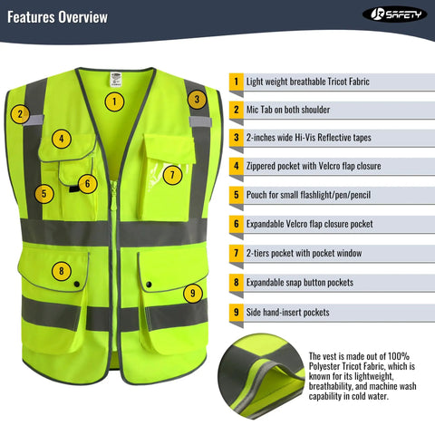 Nine Pockets Class Two High Visibility Zipper Front Safety Vest With Reflective Strips Neon Yellow Meets ANSI ISEA Standard Large