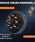 Trailer brake drum assembly, 12x2 inch, 8-hole, 6.5-inch bolt circle, black steel, front view