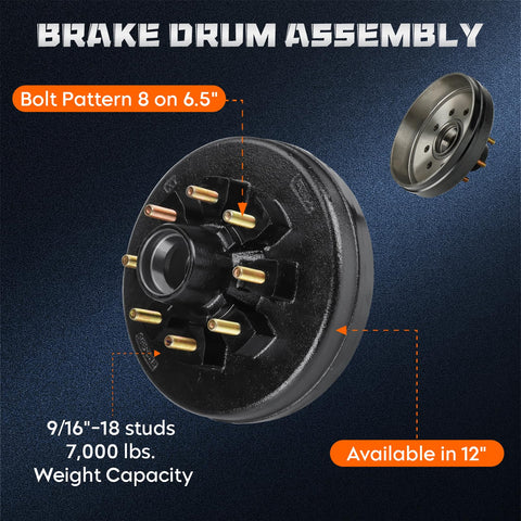 Trailer brake drum assembly, 12x2 inch, 8-hole, 6.5-inch bolt circle, black steel, front view