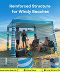 Beach Cabana With UPF50 Plus Sun Shield 8x8 Or 10x10 Canopy Tent With Side Wall shown on a sandy beach with people relaxing inside