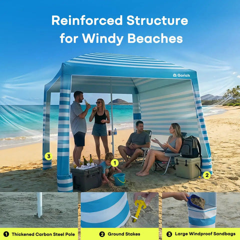 Beach Cabana With UPF50 Plus Sun Shield 8x8 Or 10x10 Canopy Tent With Side Wall shown on a sandy beach with people relaxing inside