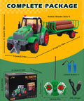 Complete package of One Twenty Fourth Scale RC Farm Truck with detachable trailer, wood logs, batteries, remote, and USB charger.