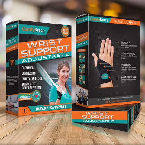 Box packaging of All Day Comfort Wrist Wrap For Carpal Tunnel And Arthritis Relief, Adjustable Fitted Brace That Fits Both Hands, One Size