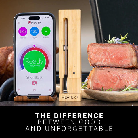 Wireless Meat Thermometer Pro For Grilling And Cooking With Bluetooth App shown with steak and temperature display