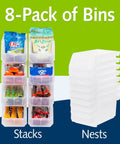 Medium Plastic Storage Bins, Stackable Clear Organizer Containers for Closet, Pantry, Shelves, Garage and Office, Open Front Design for Easy Access, Grab And Go 8 Pack shown stacked with items and nested