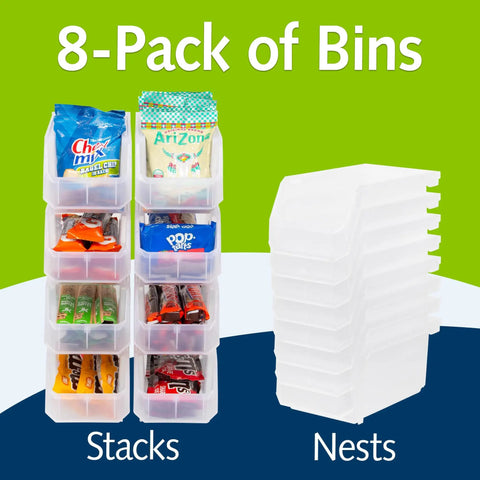 Medium Plastic Storage Bins, Stackable Clear Organizer Containers for Closet, Pantry, Shelves, Garage and Office, Open Front Design for Easy Access, Grab And Go 8 Pack shown stacked with items and nested