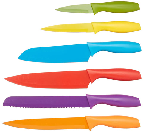 Twelve Piece Color Coded Kitchen Knife Set With Ergonomic Handles And Nonstick Blades Includes Chef Santoku Bread Paring Utility Carving Knives With Six Covers For Fast Prep And Slick Cleanup