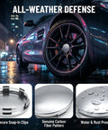 Crank Up Your Ride With These Sweet 4 Pack Silver Wheel Center Caps That Snap Right On Cars Trucks Or Suv With A Rock Solid Grip 60Mm Size And Built Different Materials To Keep Your Setup Looking Clean All Season Long, showcasing silver caps on a car wheel in rain.