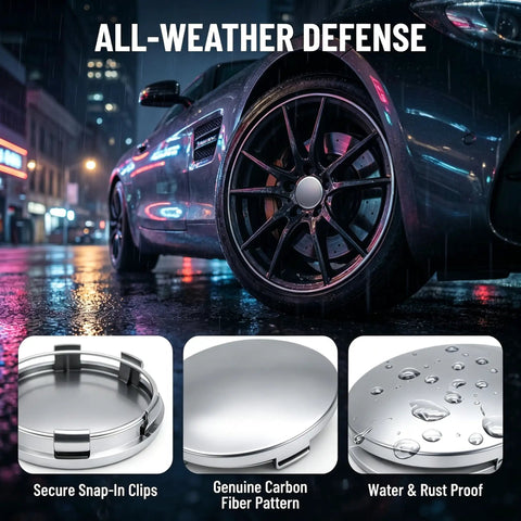 Crank Up Your Ride With These Sweet 4 Pack Silver Wheel Center Caps That Snap Right On Cars Trucks Or Suv With A Rock Solid Grip 60Mm Size And Built Different Materials To Keep Your Setup Looking Clean All Season Long, showcasing silver caps on a car wheel in rain.