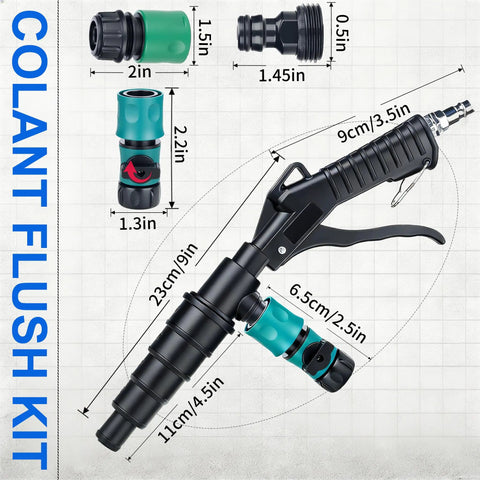 Coolant System Flush Gun With Handy Lever Action Heater Core Kit showing dimensions and hose adapters