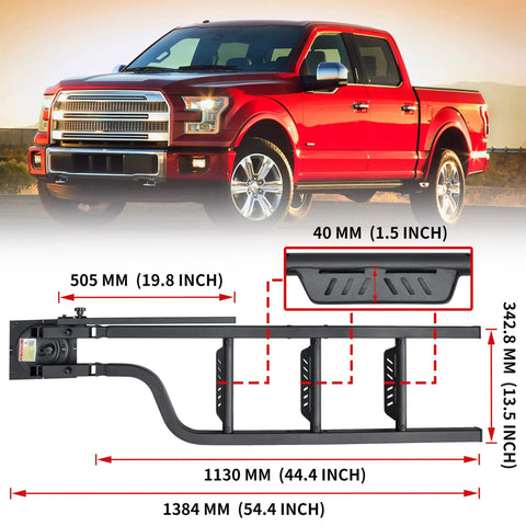 45 Inch Foldable Tailgate Ladder With Grab Handle For Pickup Trucks, Heavy Duty Step Up Access, Fits Ford F Series, Ram 2500, Silverado And More, 600 LB Capacity, Easy Install, black metal ladder with dimensions