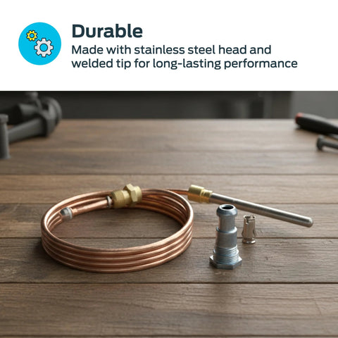 Eastman 18-inch gas thermocouple with stainless steel head 60035; copper coil with fittings and sensor probe.