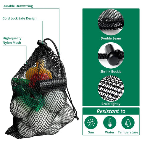 2 Pack Nylon Mesh Bags With Drawstring For Golf Ball Storage And Sports Gear Organizer with close-up of mesh and drawstring details