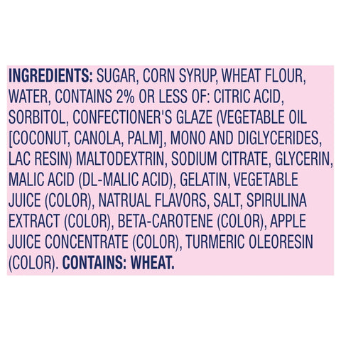 Ingredients list for Ropes Candy Twisted Rainbow Punch Flavor Soft And Chewy 9 Oz Pack