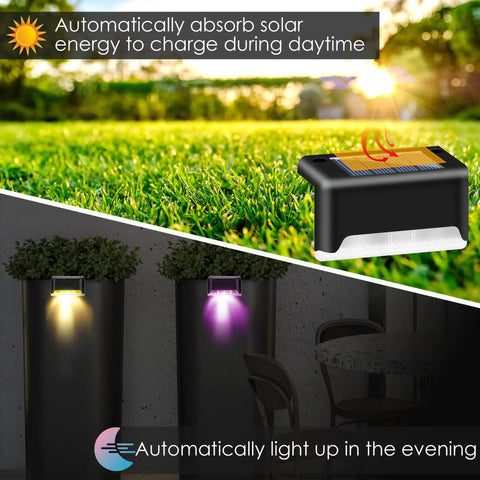 Solar Pool Side Lights 4 Pack Color Changing Waterproof LED Deck Lights For Stairs Fence Yard Patio Pathway Night Illumination Easy Install Outdoor Decor Glow Up Your Outdoors, showing solar panels by day and glow at night.