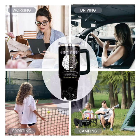 Engineer gifts 40 oz tumbler with handle and straw for men and students in various daily settings, black with brain gear design