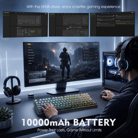 User gaming with Premium Tri Mode Wireless Gaming Keyboard With Bluetooth And 2.4Ghz Support Plus Steady Usb C Wired Option For Quick Five Device Pairing.