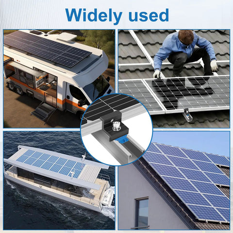 Heavy Duty Solar Panel End Clamps Twenty Four Pack With Rustproof Black Aluminum Alloy Housing And Boss Level Metric Eight Stainless Steel Bolts Plus Lock Nuts For Hella Secure Rooftop Mounting No Sweat Assembly Line Setup used on RV, roof, and boat.