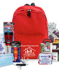 Red backpack with One Person All-In-One 72 Hour Bug Out Bag Emergency Survival Kit For Family Be Ready For Hurricanes Floods Tsunamis And Other Disasters, includes first aid, tools, gloves, and mask.