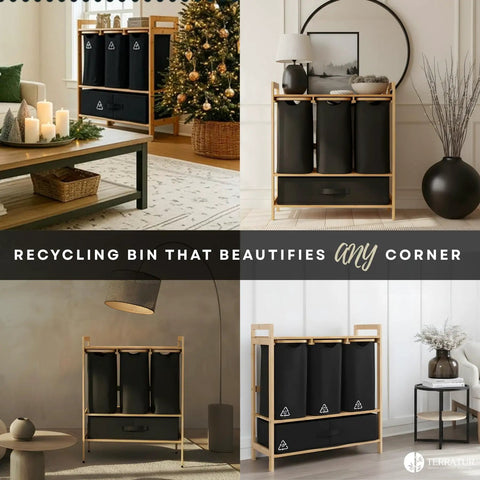 Four Section Bamboo Recycling Bin With Dual Trash And Recycle Bins For Kitchen Or Office displayed in home settings