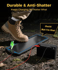 A person stepping on a 12V Solar Battery Charger And Maintainer Kit with Waterproof Portable Panel And Built In Charge Controller, Easy Trickle Charge For Car Boat RV Trailer Motorcycle, Keeps Batteries Ready And Prevents Discharge, illustrating durability.
