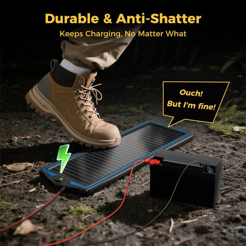 A person stepping on a 12V Solar Battery Charger And Maintainer Kit with Waterproof Portable Panel And Built In Charge Controller, Easy Trickle Charge For Car Boat RV Trailer Motorcycle, Keeps Batteries Ready And Prevents Discharge, illustrating durability.