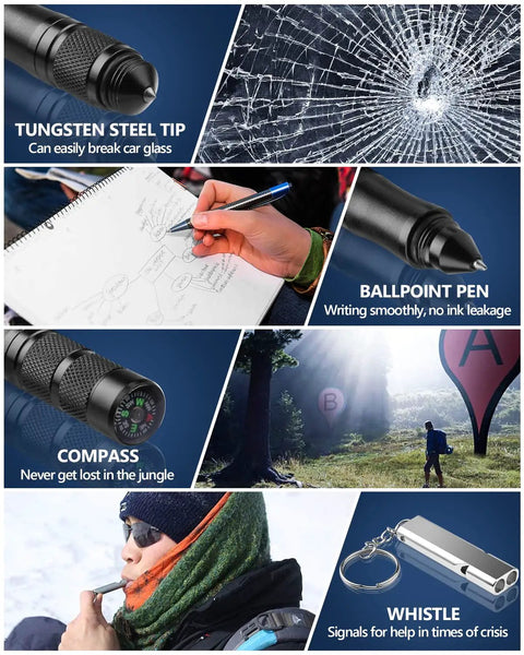 12 In 1 Tactical Pen Self Defense Multitool With Flashlight Glass Breaker Bottle Opener Compass Whistle Stylus And Ballpoint Pen features.