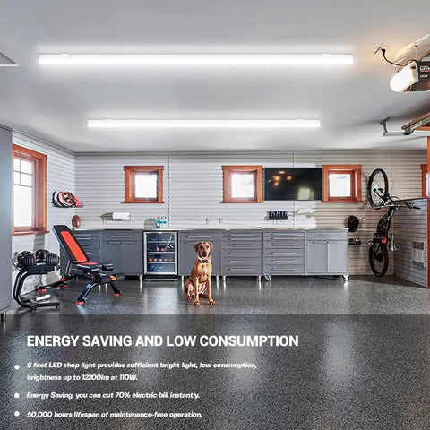 8 Foot LED Shop Light Fixture Hella Bright 110W 12200 Lumens 6000K Cool White Linkable Linear LED Lighting in a garage