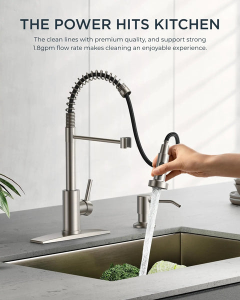 Brushed Nickel Kitchen Faucet With Pull Down Sprayer Stainless Steel Commercial Single Handle Spring Faucet with water flow