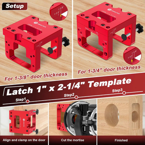 Heavy Duty Precision Aluminum Door Latch And Strike Plate Mortise Tool And Router Template Jig ensuring no sweat alignment setup for 1-3/8 and 1-3/4 inch doors.