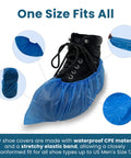 Disposable Blue Shoe Covers 50 Pack 25 Pairs One Size Fits All Non Slip Waterproof Indoor Booties on black boot