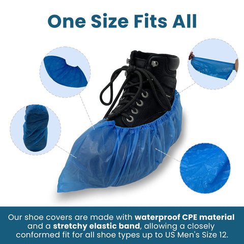 Disposable Blue Shoe Covers 50 Pack 25 Pairs One Size Fits All Non Slip Waterproof Indoor Booties on black boot