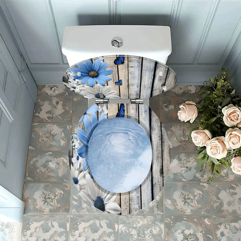 Toilet Seat Round Resin for Bathroom with blue floral design, fits 4-7 inch holes, suitable for various toilet models.