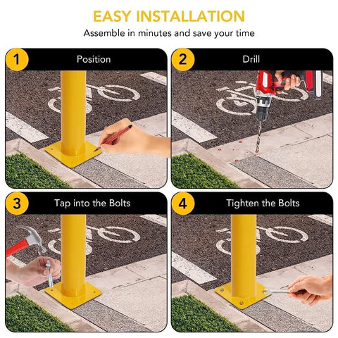 Easy installation steps for Rock Solid 6 Pack Safety Bollards 36 Inch Tall 4.5 Inch Thick Yellow Steel Posts with welded base.