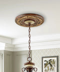 Verona Bronze Ceiling Medallion with Aged Gold Leaf Accents, 12 Inch Diameter, 1.25 Inch Thick, installed with chandelier